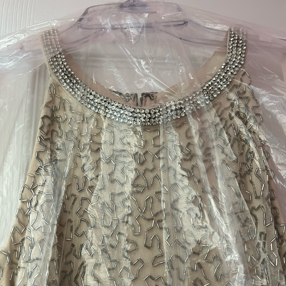 Mac Duggal Beige Beaded Sleeveless High Neck Formal Column Gown - Picture 8 of 13